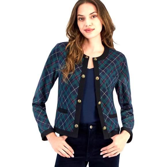 Tommy Hilfiger Women Tartan Party Blazer Jacket Gold Buttons Navy Green Red L - Picture 3 of 11